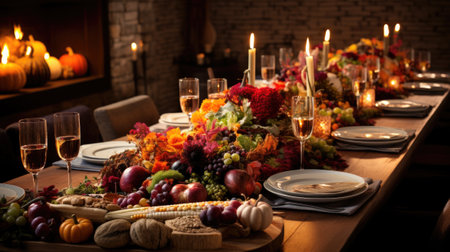 Beautiful table setting for Thanksgiving dinner in rustic style with autumnal decorの素材