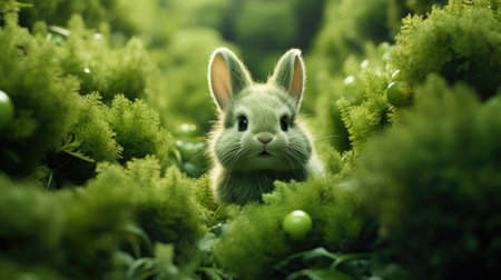 Cute little bunny in the green grass. Easter background. Selective focus.の素材
