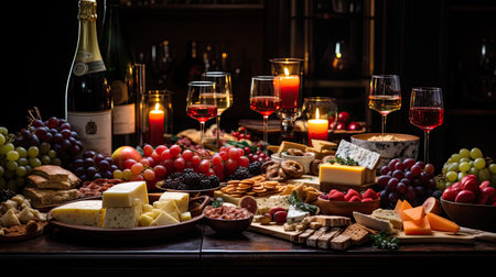 Cheese platter with wine, grapes, crackers and snacksの素材