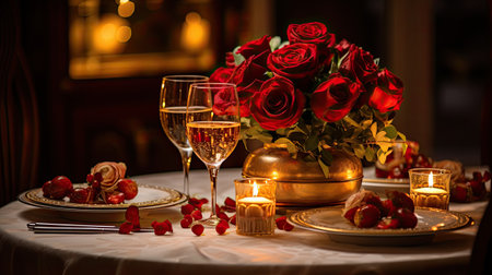 Valentine's day table setting with red roses and champagne glassesの素材
