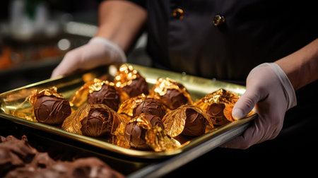 Close-up of the hands of a confectioner in gloves holding a golden tray with chocolate candiesの素材