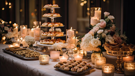 Wedding table decorated with flowers and candlesticks, candles and cookiesの素材