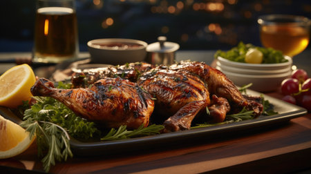 Grilled chicken with lemon and herbs on a wooden table in a restaurantの素材