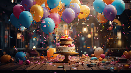 Birthday cake and colorful balloons on wooden table.の素材