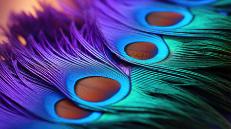 Colorful peacock feathers close-up macro photo. Selective focus.の素材