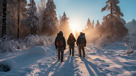 Group of people with backpacks hiking in winter forest at sunset.の素材