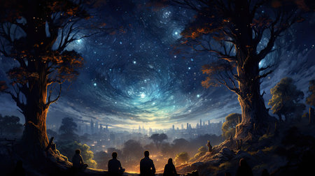 Fantasy landscape with a group of people and a big tree.の素材