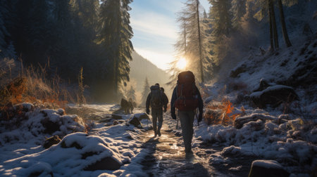 Couple hiking in the winter mountains. Man and woman with backpacks hiking in the mountains.の素材