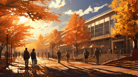 People walking in the autumn park at sunset.の素材
