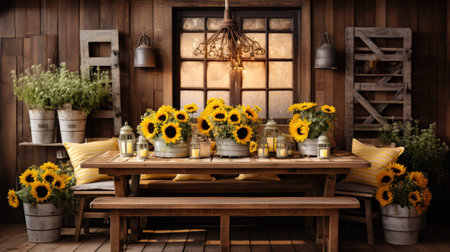 Sunflowers on table in rustic room.の素材