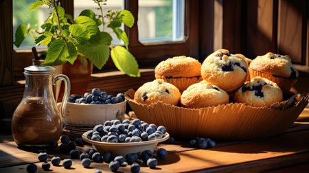 Homemade blueberry muffins with fresh berries on wooden windowsillの素材