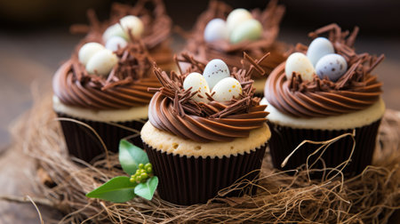 Easter cupcakes with chocolate and quail eggs on wooden backgroundの素材