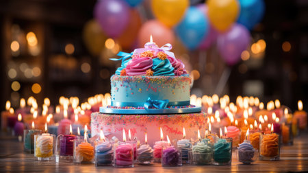 Birthday cake with candles and balloons in the background, selective focusの素材