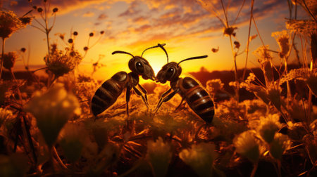 Silhouette of a pair of bees on a flower at sunsetの素材