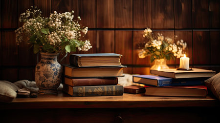 Composition with books, candles and flowers on a wooden background.の素材