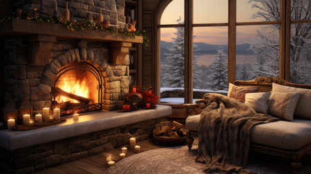 Cozy living room in winter with fireplace and Christmas decorations.の素材