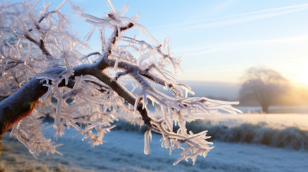 Beautiful winter landscape with hoarfrost on a tree branch.の素材