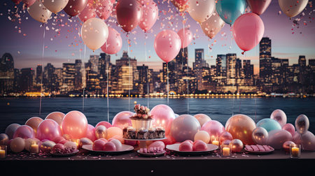 Birthday cake with pink and white balloons on the background of the cityの素材