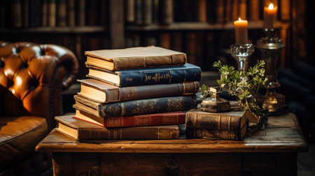 Old books on a table in a library.の素材
