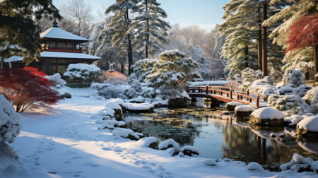 Beautiful winter landscape of Japanese garden with snow covered trees and pondの素材