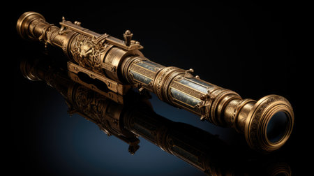 Old brass telescope on a black background with reflection.の素材