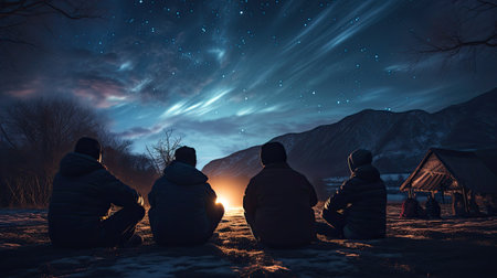 Winter camping in the mountains. A group of people sits on the ground and looks at the starry sky.の素材