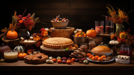 Autumn still life with pumpkins and other food on wooden backgroundの素材