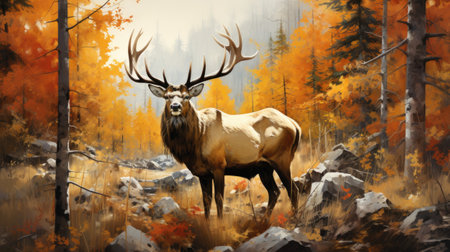 a male elk in the forest during the Fall seasonの素材