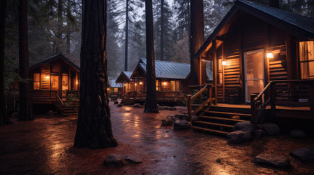 Camping in the forest at night. Wooden houses in the forest.の素材