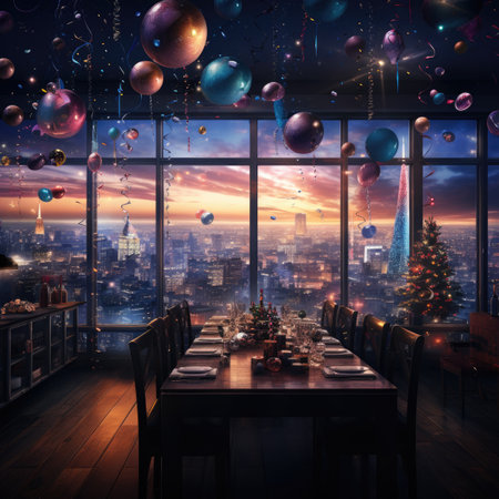 Christmas dinner in a restaurant with a view of the city at nightの素材
