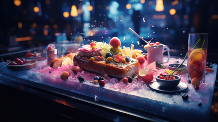 Fruit cake with ice on the background of the night city.の素材