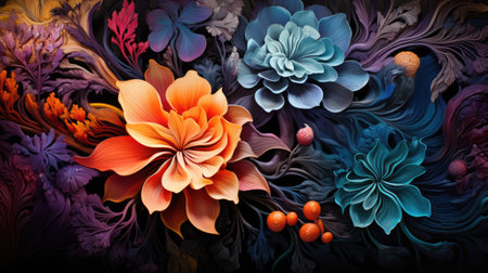 abstract floral background with orange and blue flowers and leaves on blackの素材