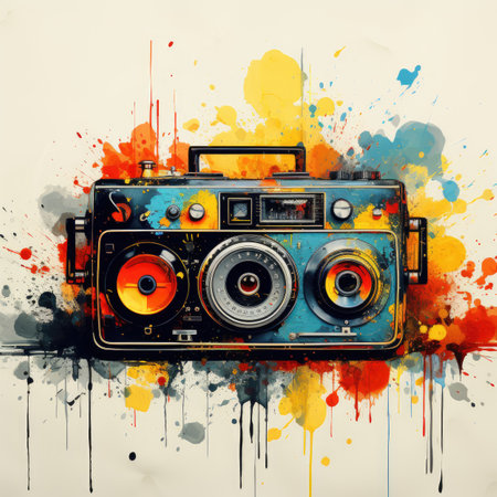 Vintage camera on a grunge background with watercolor splashesの素材