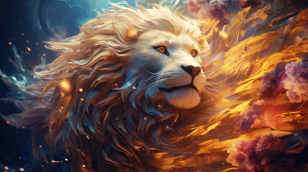 Portrait of a lion in a surreal landscape.の素材