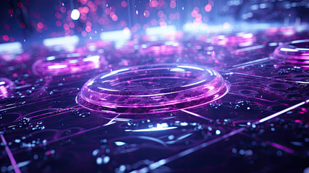 Futuristic technology background with glowing lines and bokeh.の素材