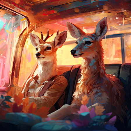 a couple of young deer sitting in a bus.の素材