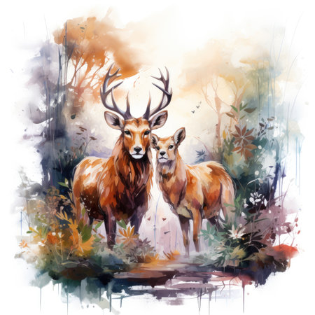 Watercolor pair of deer in the woods.の素材
