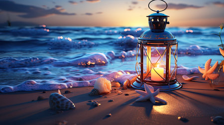 Lantern on the beach at sunset.の素材