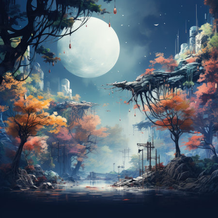 Fantasy landscape with a full moon on the background of the forestの素材