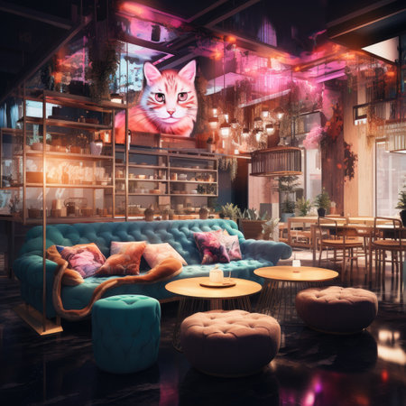 Interior of a night club with a blue sofa and a catの素材