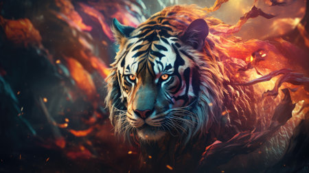 Close-up portrait of a tiger in a fantasy forest. Artistic style.の素材