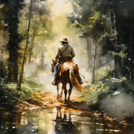 a young man riding a horse in the forest.の素材