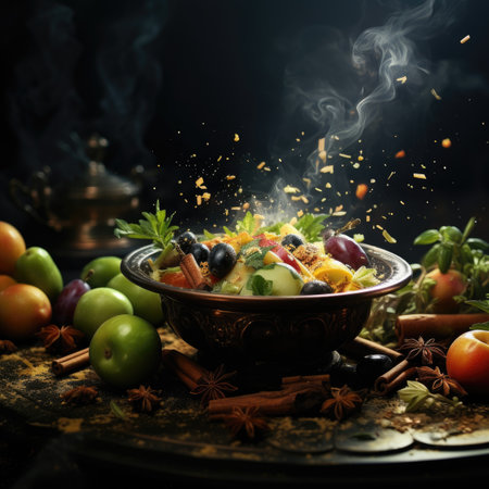 Fruit salad with fresh fruits and spices on wooden table, selective focusの素材