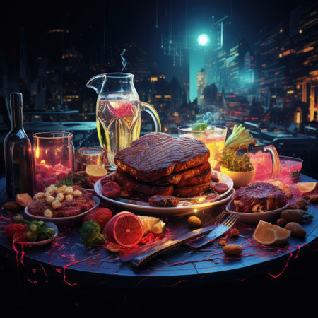 Food and drink concept. Night city view with a tower of buildings and lanterns.の素材