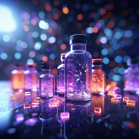 magic potion in crystal vials on bokeh backgroundの素材