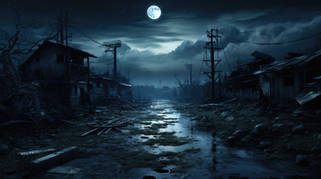 Landscape of a village at night with full moon in the skyの素材