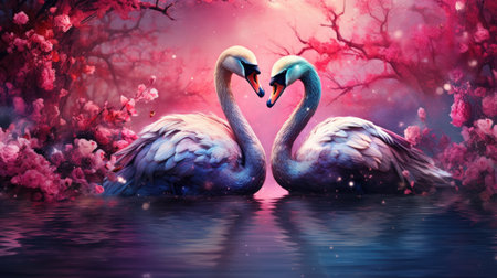 Romantic couple of swans in love on a pond with blooming treeの素材