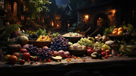 Fruits and vegetables in the village at night. Autumn harvest.の素材