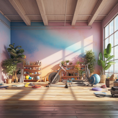 a fitness room with gym equipment and green plantsの素材