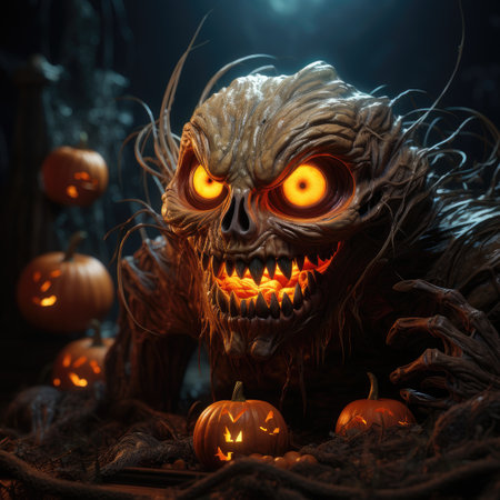 Halloween pumpkins and scary ghost in dark forestの素材